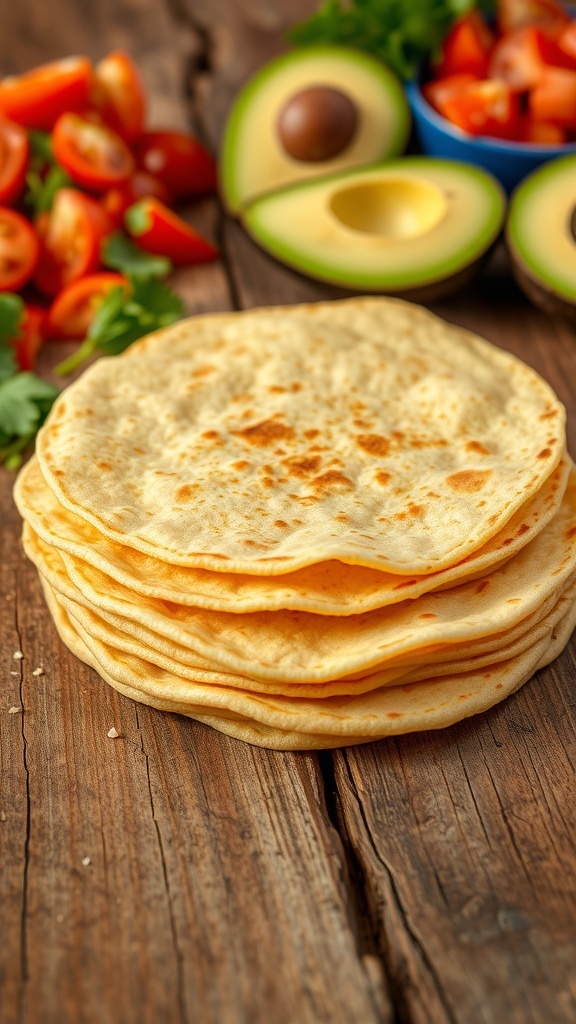 Homemade Corn Tortillas Recipe Freshly made corn tortillas stacked on a wooden table with ingredients for tacos.